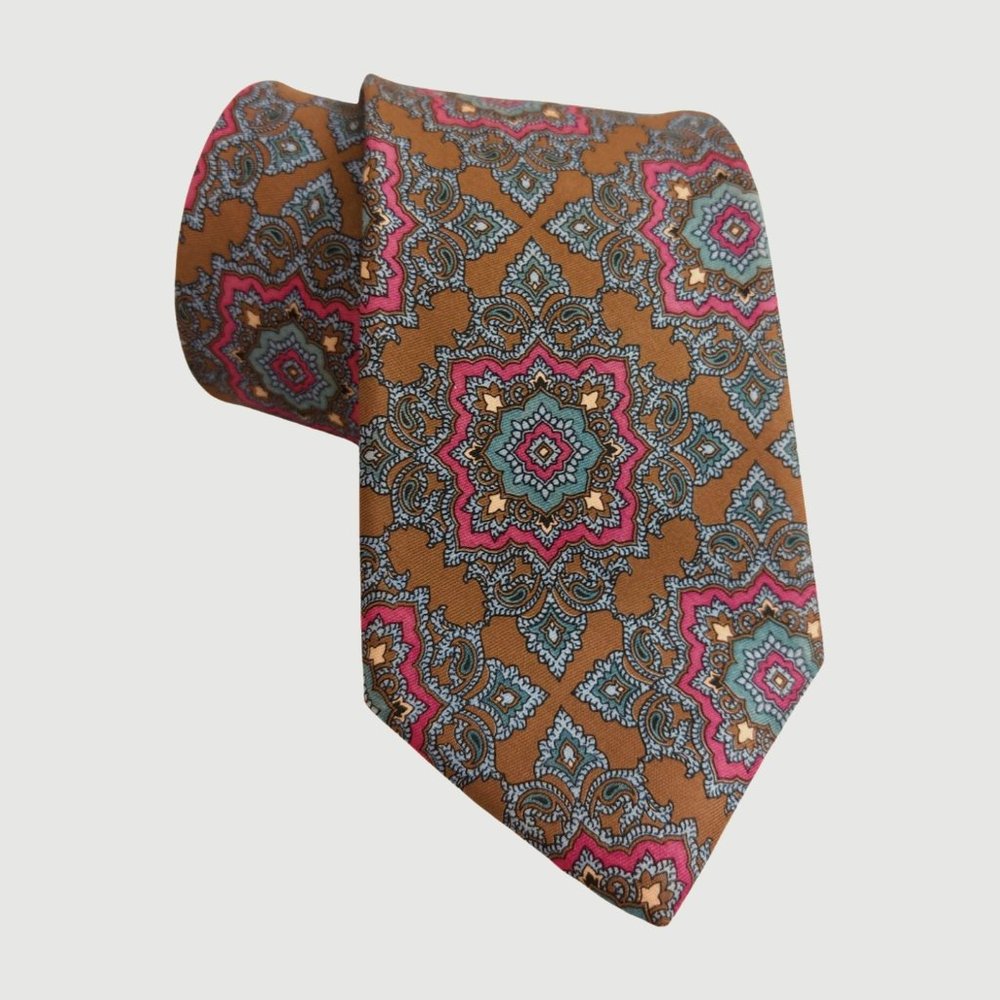 Mario Valentino Brown Geometric 100% Italian Silk Neck Tie